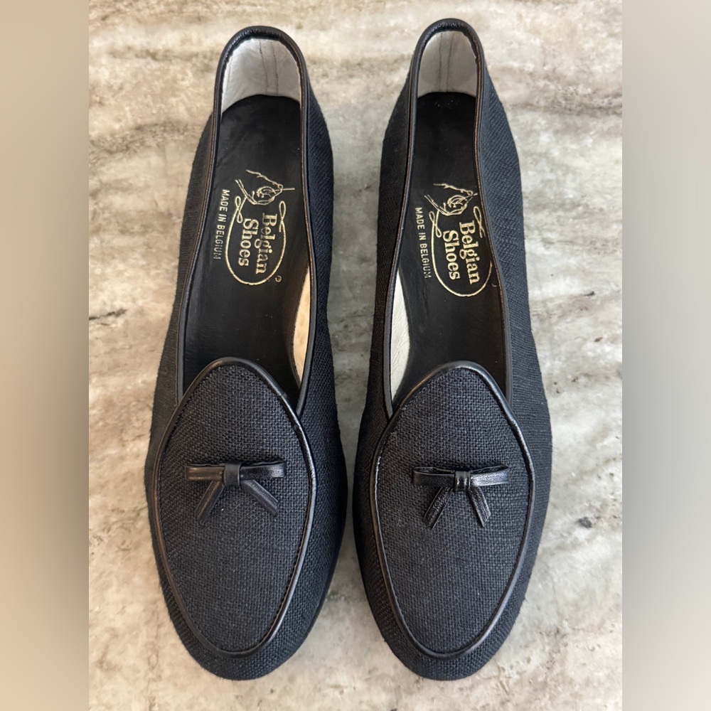 Belgian Shoes Travelette Slippers Black Textile Loafer 5 Flats $750 Bow tie